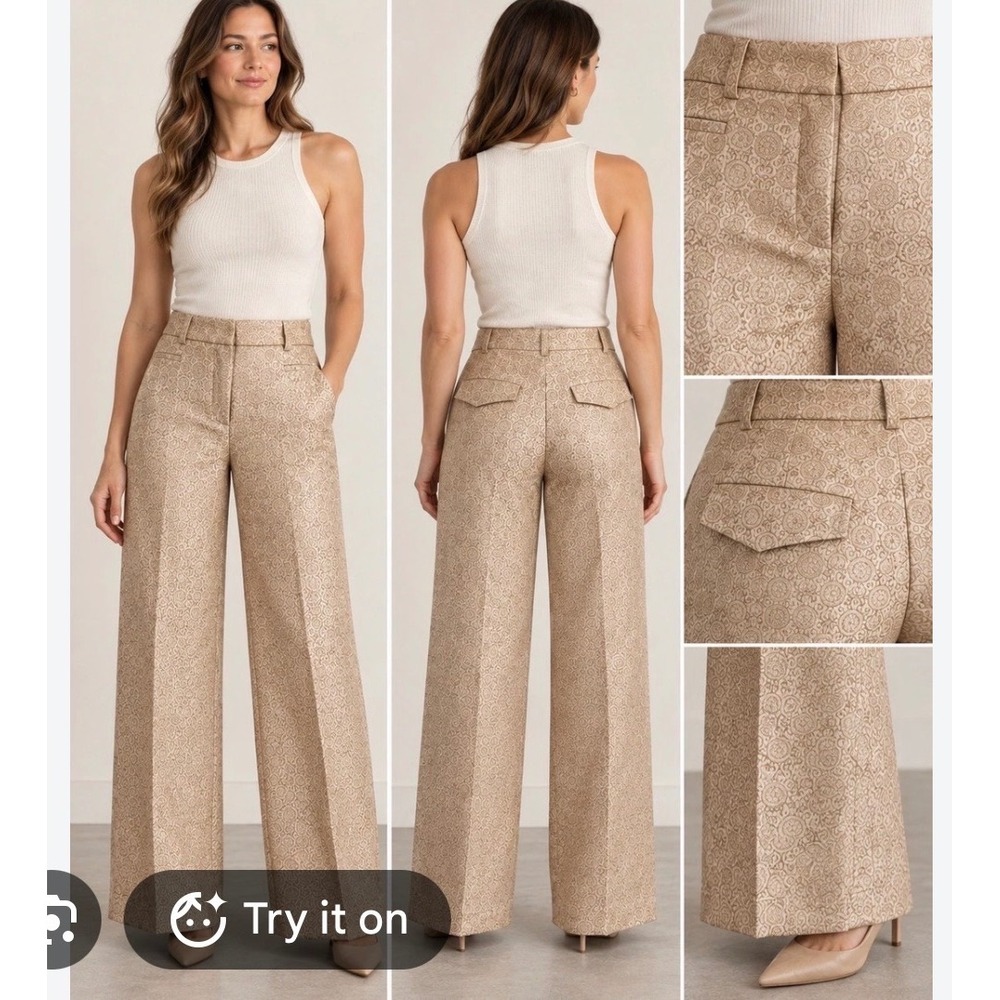 Ann Taylor straight Leg Trousers 14 Champagne Gold Damask Metallic  Pants silk